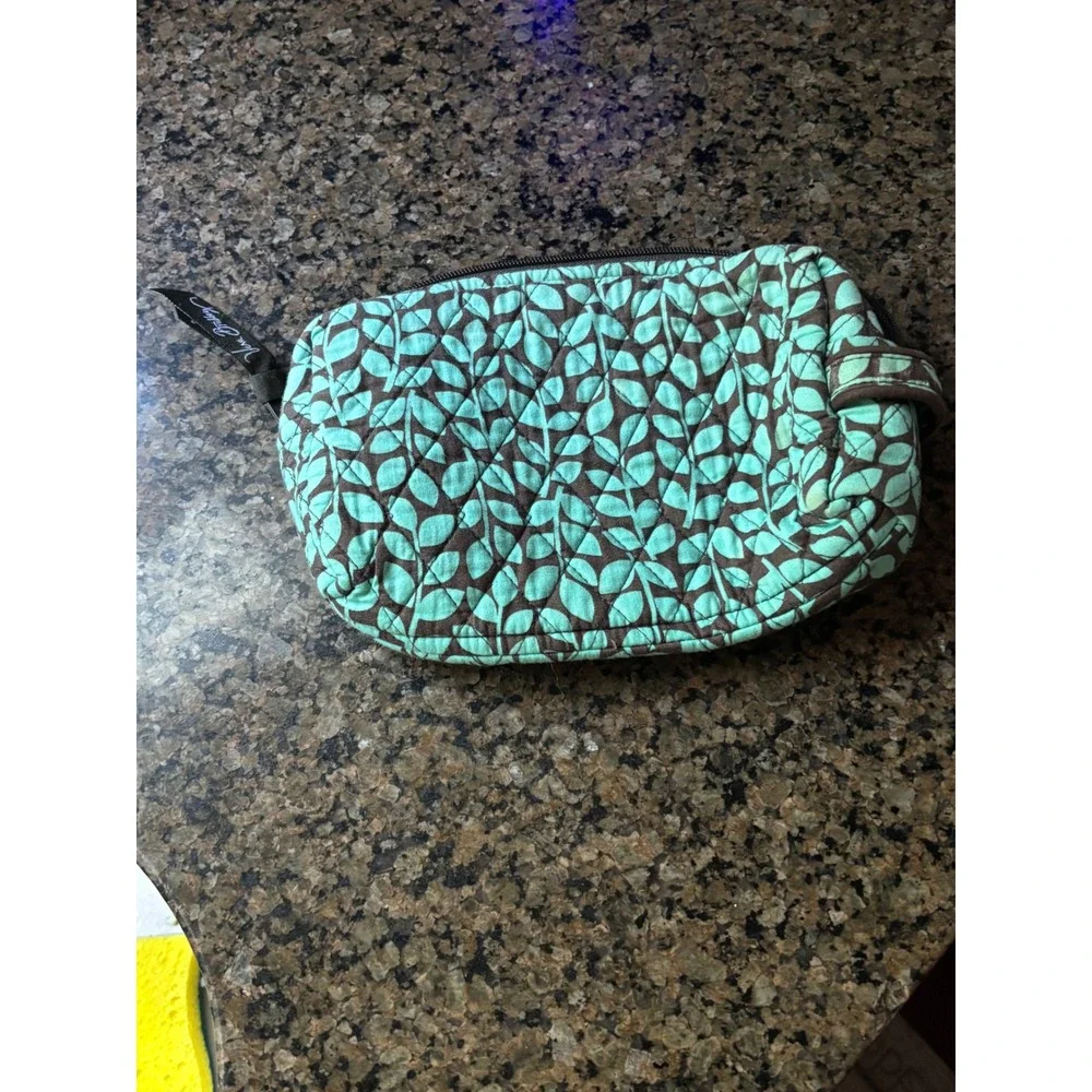 Vera Bradley Quilted Cotton Makeup Bag Turquoise Brown Leaf Print Cosmetic Pouch